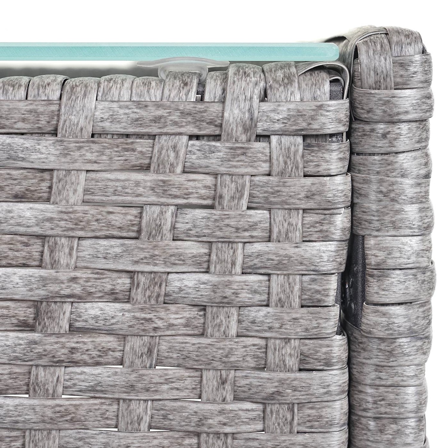 Detailansicht: Grauer MCW Poly-Rattan Gartentisch Hamar mit Glasplatte.