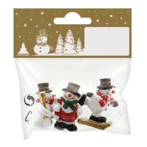 Bunte Deko-Figuren: 3 Polyresin-Figuren (Schneemänner, Weihnachtsmann) als Baumbehang.