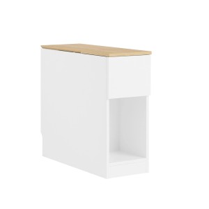 Schmaler weißer Nachttisch mit heller Holzplatte, Stauraum und offenem Fach. Moderner Beistelltisch für Schlafzimmer.