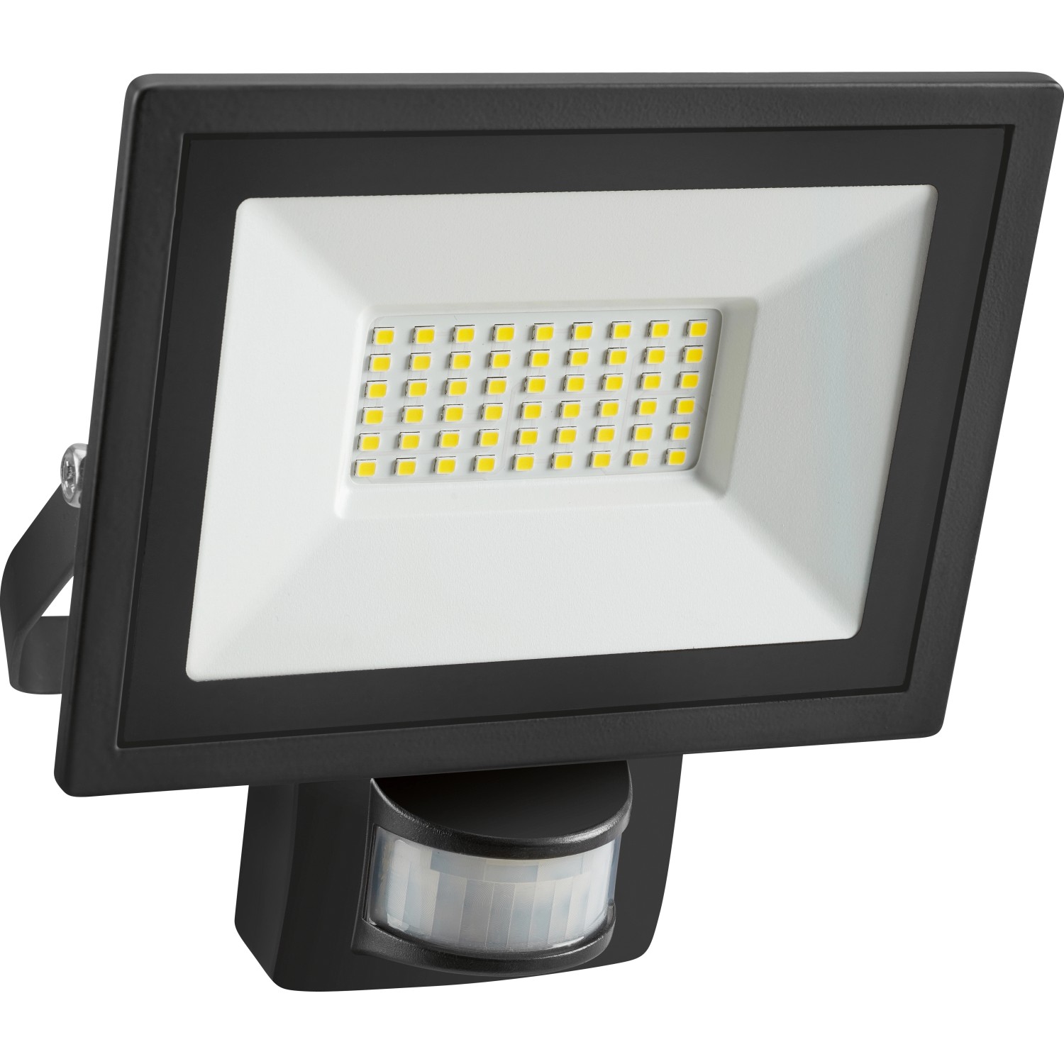 Schwarzer LED Außenstrahler mit Bewegungssensor, 21W, Aluminiumgehäuse.