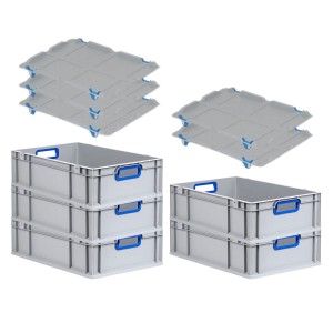PROREGAL Spar Set: 5 Euroboxen mit Deckel, 17x40x60cm, blaue Griffe, glatter Boden.