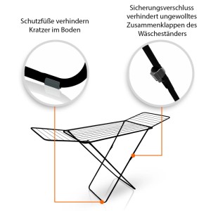 Schwarzer BigDean Wäscheständer mit X-Beinen. Detailansichten zeigen Schutzfüße und Sicherungsverschluss gegen ungewolltes Einklappen.