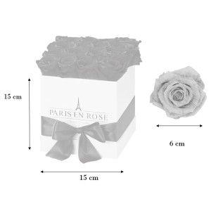 Eckige Rosenbox, weiße Box mit Schleife und 12 roten Rosen, gefriergetrocknet, Durchmesser 6 cm.