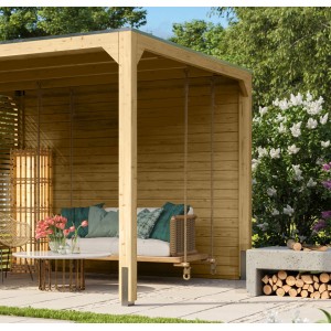 Karibu Fyrkant Pavillon mit Seitenwand aus naturbelassenem Holz. Gartenlaube mit Schaukel.