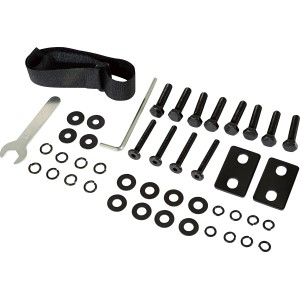 Montage-Set für Gartensessel Bonlee: Schrauben, Unterlegscheiben, Klettband und Werkzeug.