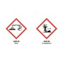 Gefahrstoffhinweise: Ätzend und umweltgefährlich, GHS 05 und GHS 09 Symbole.