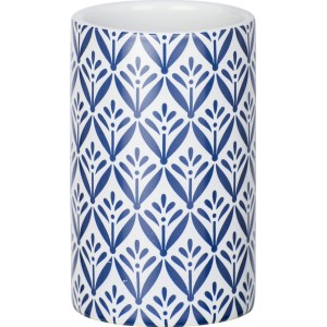 Blauer Wenko Zahnputzbecher Lorca aus Keramik mit mediterranem Muster.