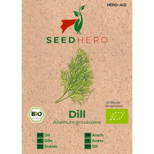 Seedhero BIO Dill Common Samenpackung mit Dillzweig und BIO-Siegel.