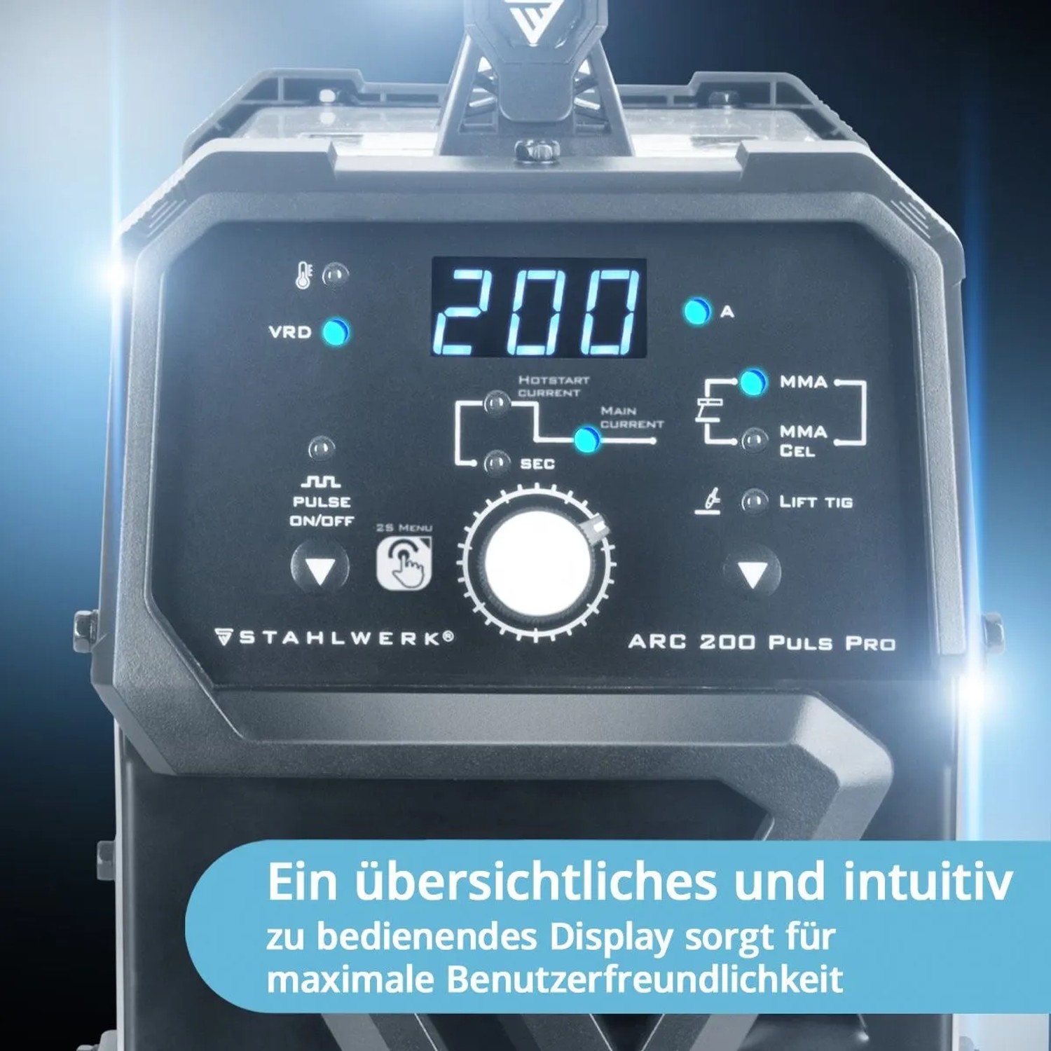 Bedienfeld des STAHLWERK ARC 200 Puls Pro Schweißgeräts mit digitaler 200 A Anzeige, Knöpfen und Drehregler.