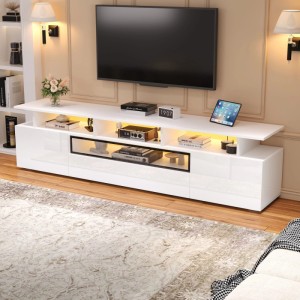 Weißer Hochglanz TV Schrank mit LED Beleuchtung, Schublade und offenen Fächern. Modernes Lowboard für Wohnzimmer.
