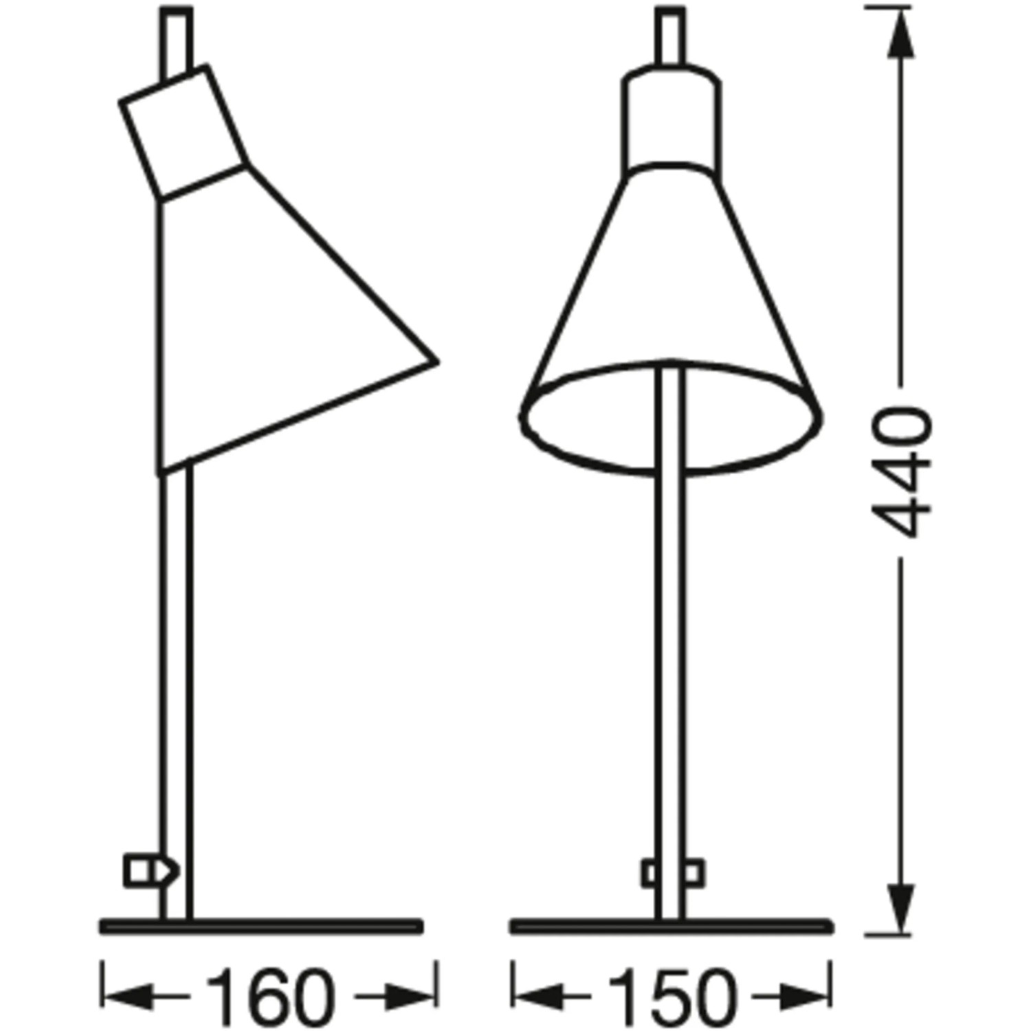 Skizze der Ledvance LED-Tischleuchte Decor Tokio Schwarz, 44 cm hoch, mit Maßangaben.