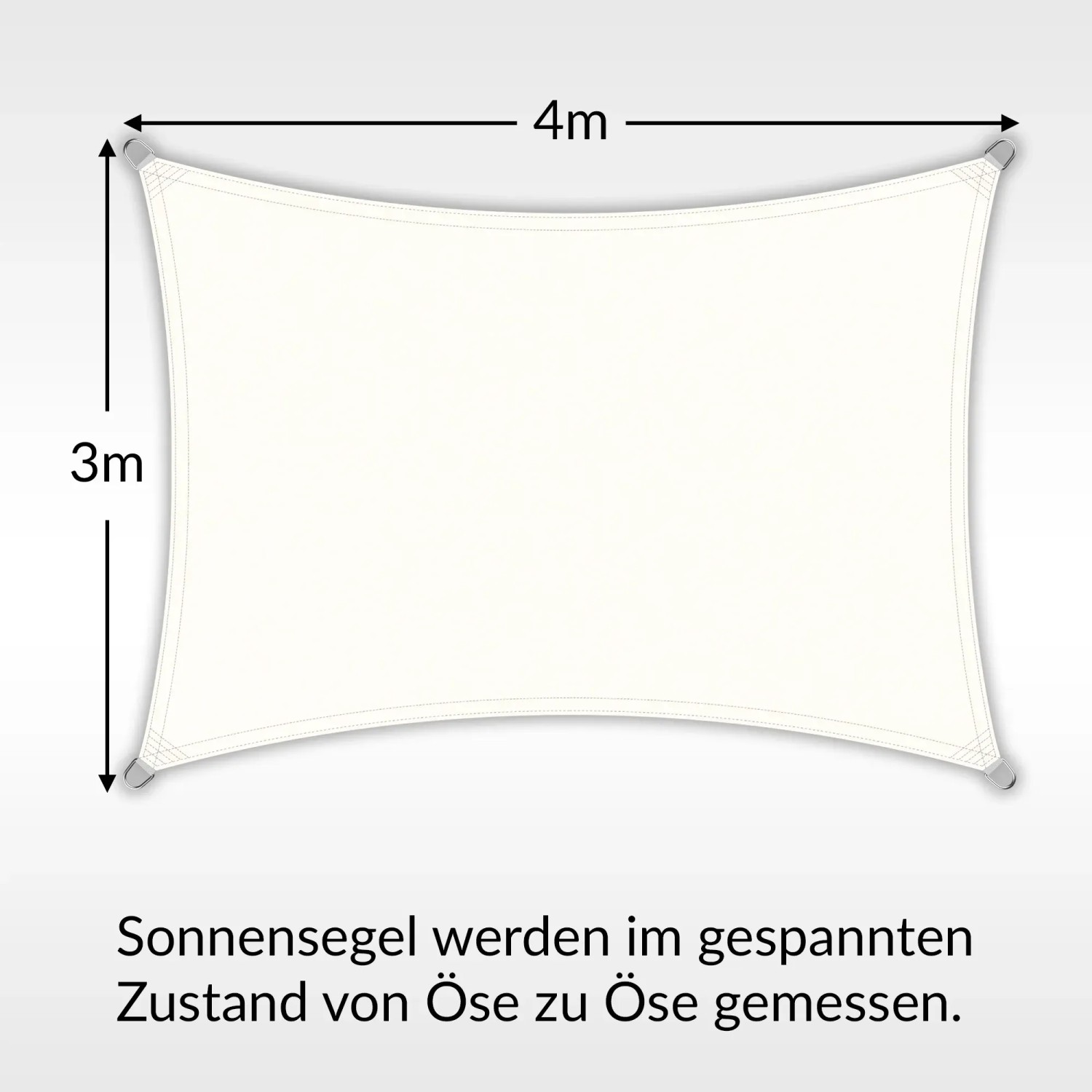 Cremeweißes, rechteckiges Sonnensegel 4x3m aus PES mit UV-Schutz und Ösen.