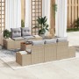 Beiges 6-tlg. vidaXL Garten-Sofa-Set aus Poly Rattan mit Kissen und Tisch.