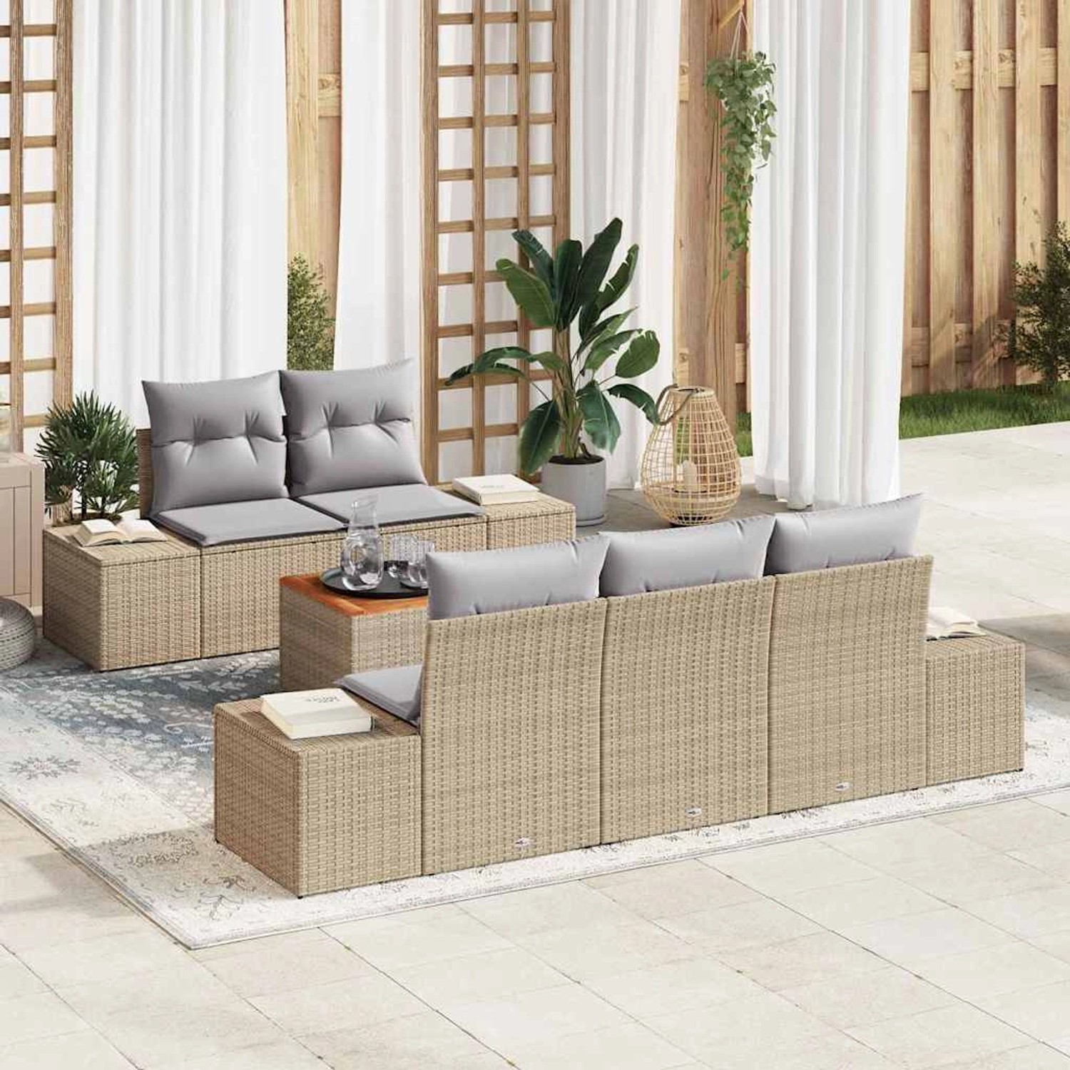 Beiges 6-tlg. vidaXL Garten-Sofa-Set aus Poly Rattan mit Kissen und Tisch.