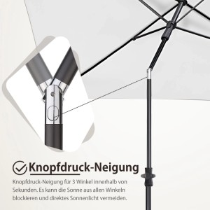Detailaufnahme: Neigungsverstellung des Sekey Sonnenschirms, rechteckig, weiß. Knopf für einfache Bedienung.