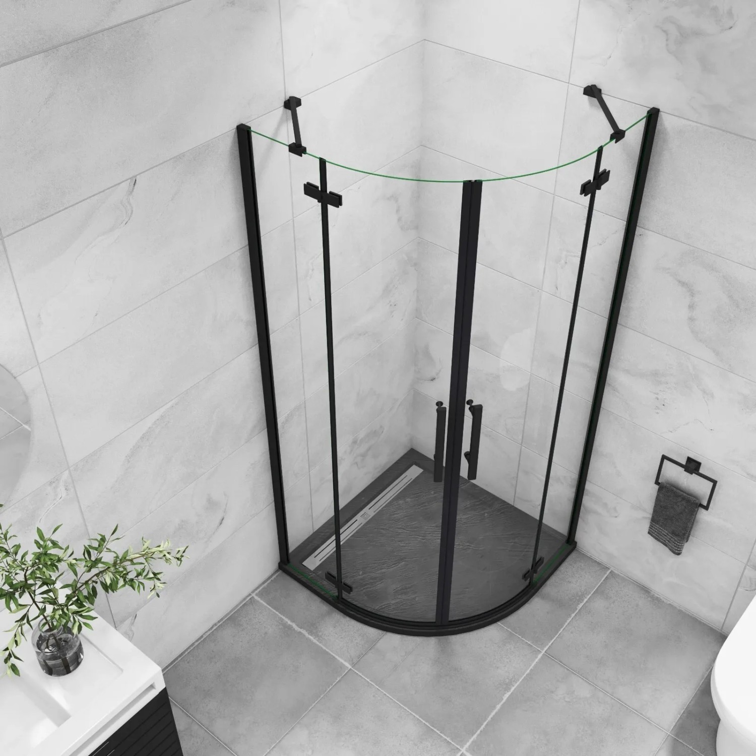 Schwarze AICA Runddusche 90x90 mit Klarglas und Eckeinstieg im Badezimmer.