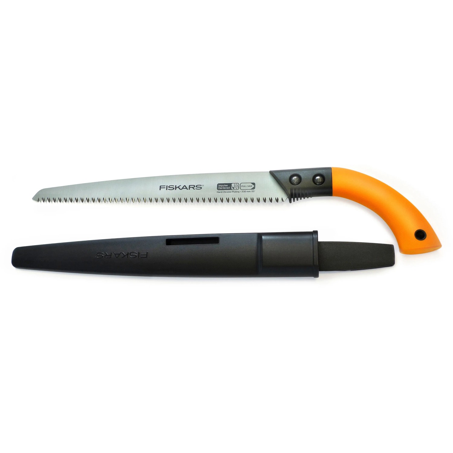 Fiskars Ast-, Hand- und Baumsäge SW 84 mit Köcher. Gartensäge mit orangefarbenem Griff und feststehendem Sägeblatt.