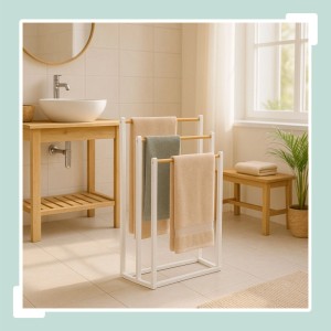 Relaxdays Handtuchständer Metall Bambus Weiß mit 3 Stangen Freistehend 76 cm x 45 cm x 21,5 cm 2,7 kg