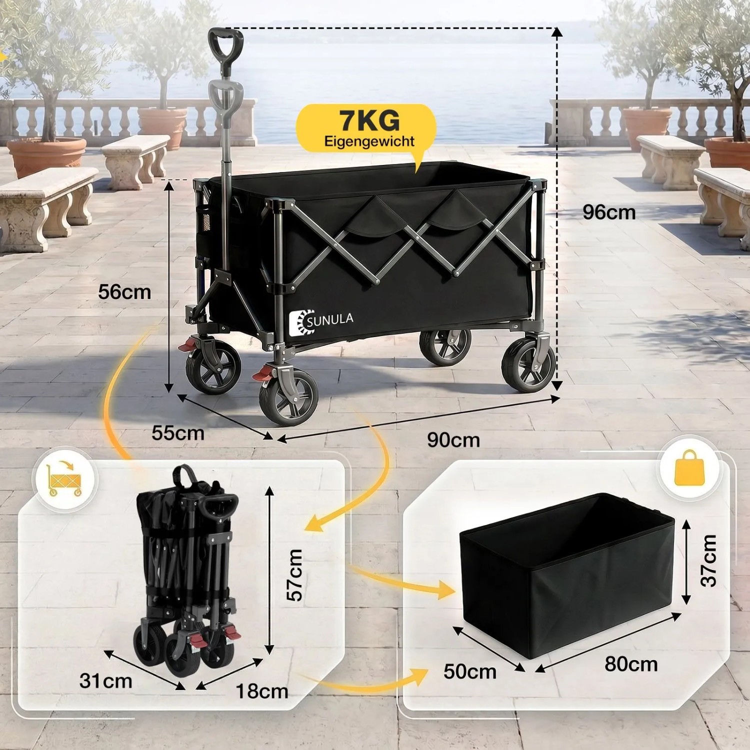 Sekey Bollerwagen, faltbar, schwarz, mit Maßangaben. Ideal für Camping und Freizeit.