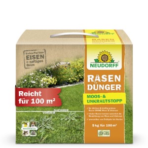 Neudorff Rasendünger Moos- & Unkrautstopp 5 kg Packung. Zeigt Vorher-Nachher-Effekt: dichter, grüner Rasen ohne Unkraut.