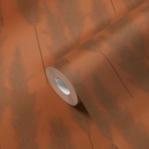 Terracotta Vliestapete mit Pampasgras-Motiv im Boho-Stil für Wohn- und Schlafzimmer.