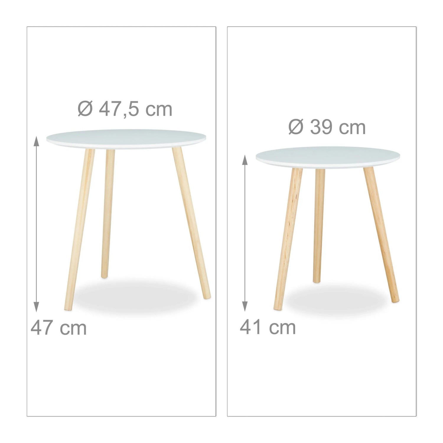 Zwei runde skandinavische Beistelltische aus Holz in Weiß. Maße: 47x47,5 cm und 41x39 cm. Ideal als Nachttische.