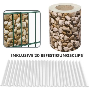 KARAT PVC Sichtschutzstreifen in Kies-Optik mit Zaunansicht und Befestigungsclips.