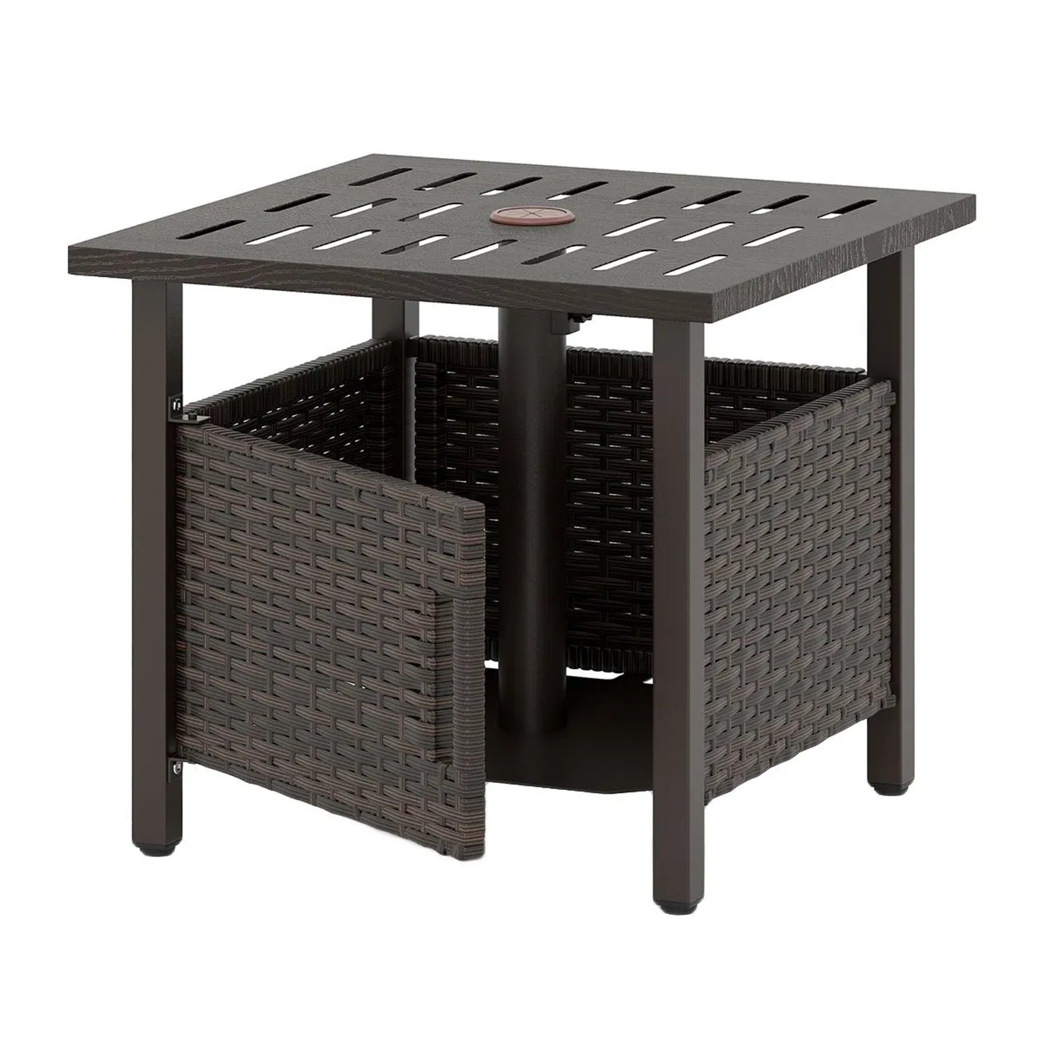 Costway Beistelltisch Outdoor Rattan mit Schirmloch & 2 Sandsäcken