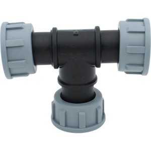 T-Stück mit Überwurfmuttern, 30,3 mm (Rp 1) IG, aus PP-Kunststoff für Pumpenzubehör.