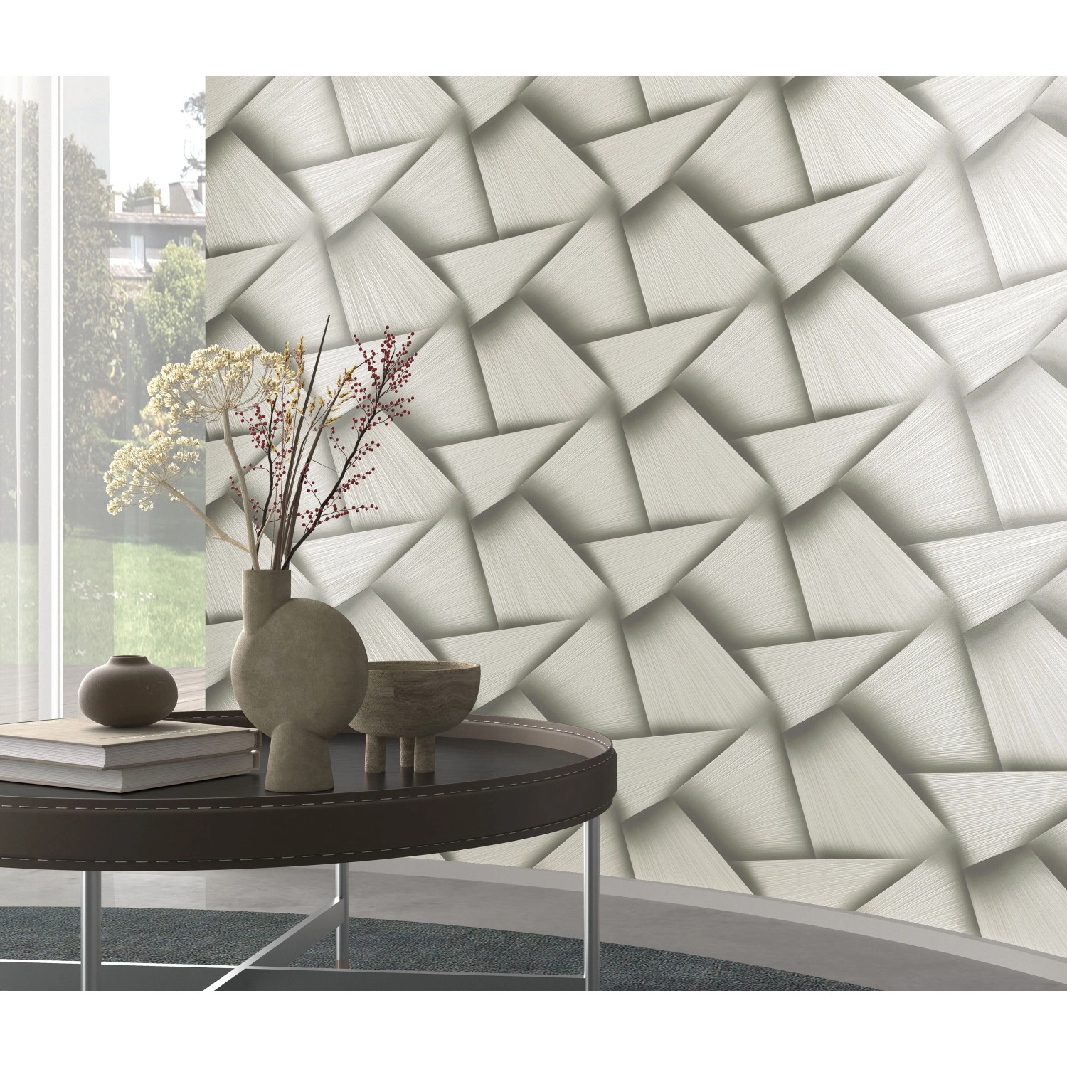 Erismann Vliestapete Spotlight Pose Anthrazit mit 3D-Flecht-Design an einer Wand.