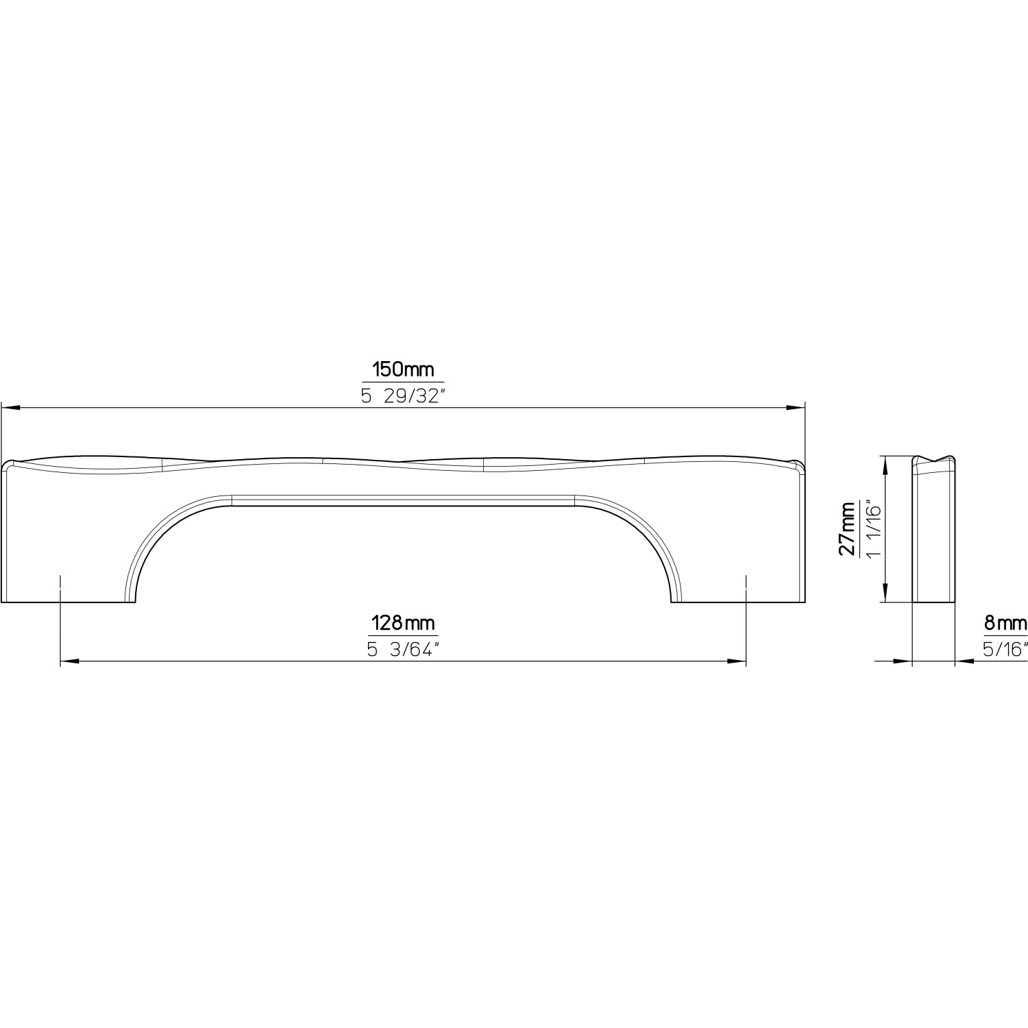 Technische Zeichnung: Siro Möbelgriff 2210, Metall Druckguss, Edelstahleffekt, Lochabstand 128 mm.
