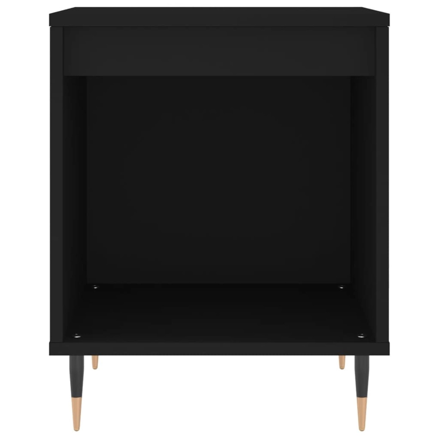 Schwarzer Nachttisch (2 Stk.) von vidaXL, Holzwerkstoff, mit offenem Fach und Füßen.