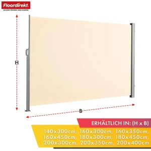 Beige Floordirekt Seitenmarkise ausziehbar, Alu-Sichtschutz für Balkon & Terrasse, 180x450 cm.