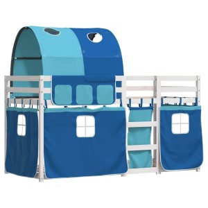 Blaues vidaXL Etagenbett 80x200 cm aus Kiefernholz mit Vorhängen für Kinder.