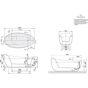 Technische Zeichnung: Freistehende, ovale Villeroy & Boch Aveo Badewanne in Weiß mit Maßangaben.
