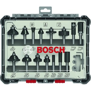 Bosch Fräser-Set, 15-teilig, 8 mm Schaft, in Box mit Klarsichtdeckel. Zubehör für Fräsen.