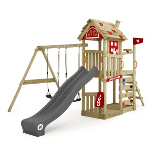 Wickey Spielturm FarmFlyer mit Rutsche und Schaukel, Holz natur, rote Akzente.
