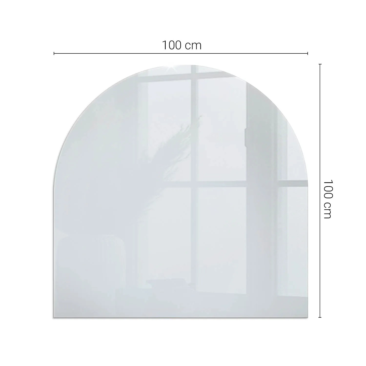 Weiße, halbkreisförmige Tulup Glasplatte 100x100 cm. Robuste Glasbodenplatte für Kaminöfen als Bodenschutz.