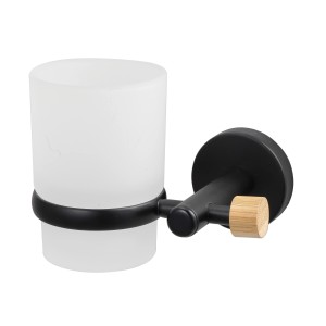 MSV Zahnputzbecher Iana, schwarz, mit Wandhalterung aus Stahl und Bambus.