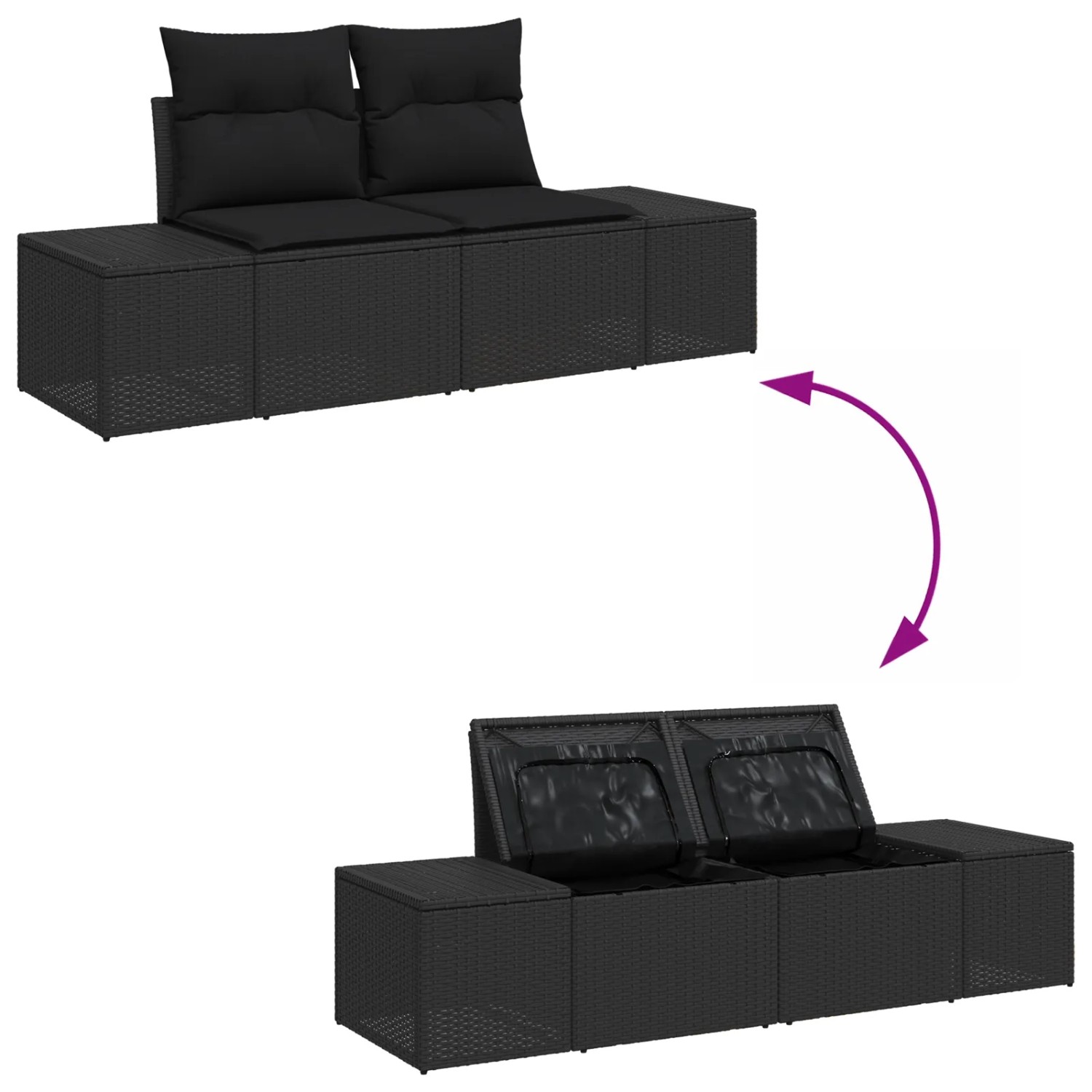 Schwarzes 9-teiliges Garten-Sofa-Set mit Stauraum aus Polyrattan und Stahl.