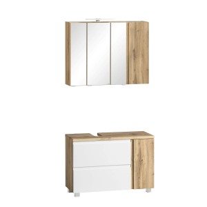 Held Möbel Badmöbel-Set Ancona, 85 cm, mattweiß/Wotaneiche, mit Spiegelschrank und Unterschrank mit Auszügen.