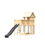 Karibu Spielhaus Frieda mit Rutsche, Anbauplattform und Kletterwand aus Holz.
