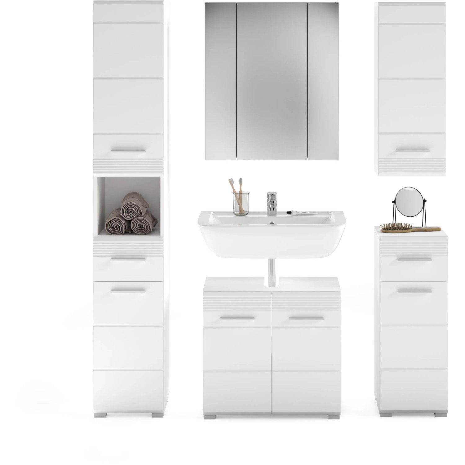 5-teiliges Badmöbel-Set Linus in Hochglanz Weiß mit Spiegelschrank, Waschbecken und Schränken.