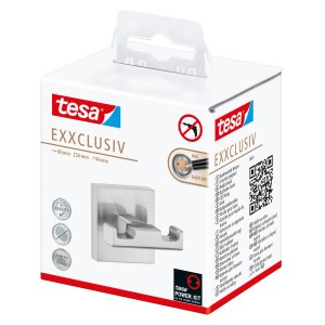 Tesa Exxclusiv Doppelhaken in Edelstahloptik, zur Wandmontage ohne Bohren.
