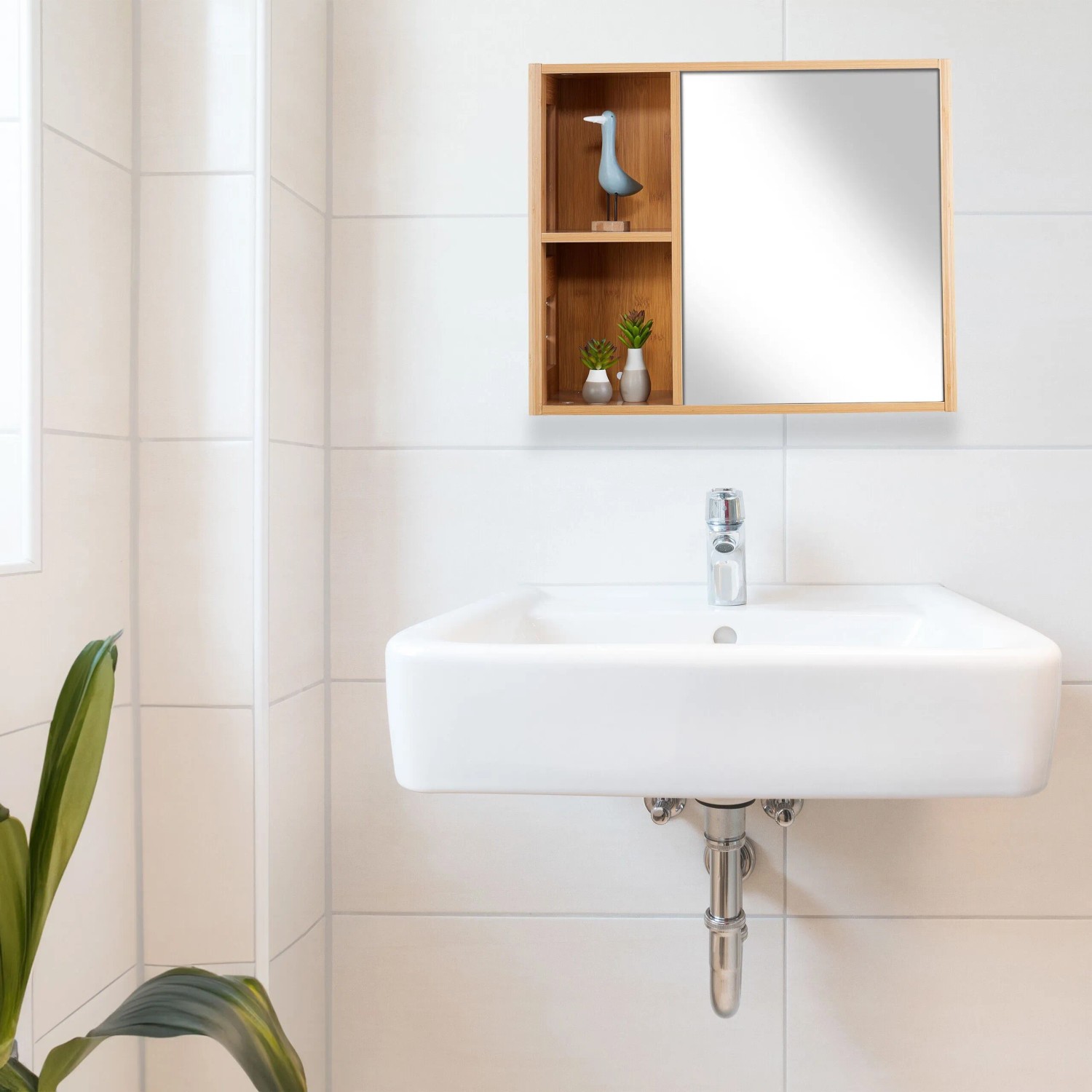 Relaxdays Spiegelschrank Bambus MDF Glas Natur mit Regalfächern Höhenverstellbar 45 cm x 54,5 cm x 20 cm 8,2 kg_2