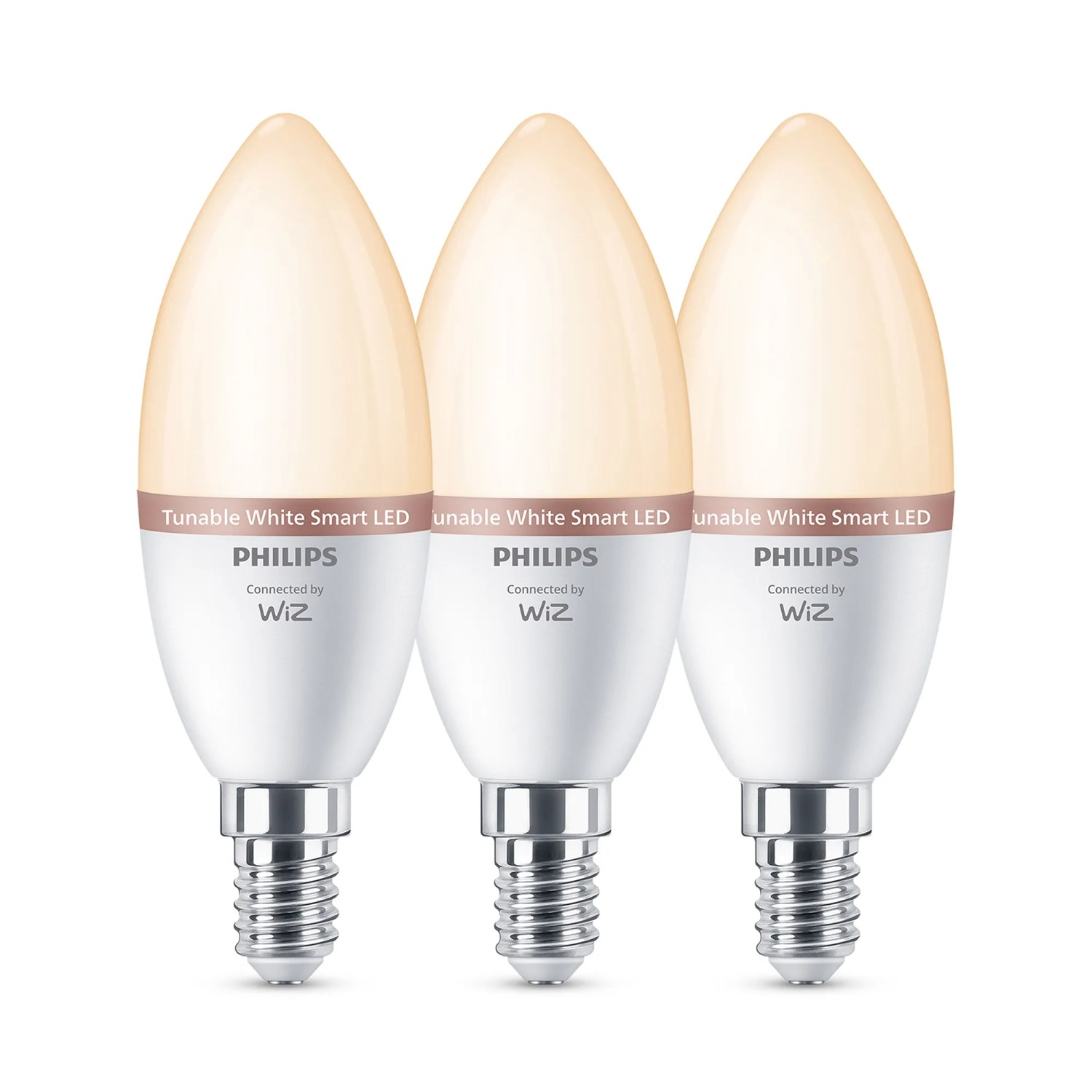 Philips WIZ E14 LED Kerzen 3er Set, smarte Leuchtmittel mit warmweißem Licht.