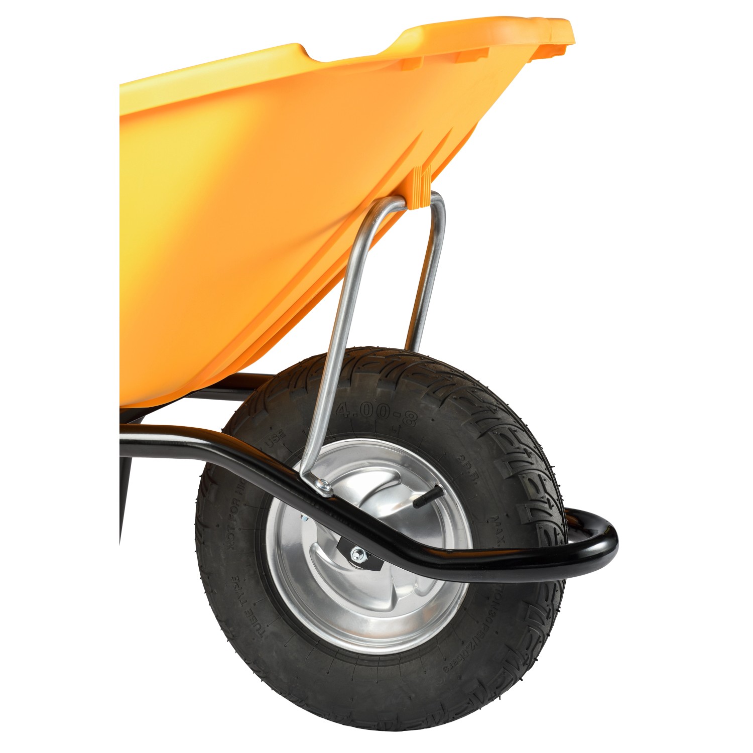 Detailansicht: Gelbe Haemmerlin Schubkarre Pick Up mit Luftrad und Kunststoffmulde.