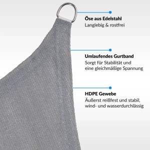 Detailaufnahme: Hellgraues Toldoro Sonnensegel Dreieck mit Edelstahl-Öse.