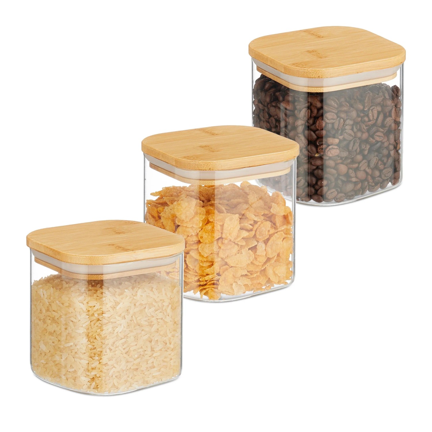 Relaxdays Vorratsgläser 3er Set Glas Bambus Transparent Natur Luftdicht 10,5 cm x 10 cm x 10 cm