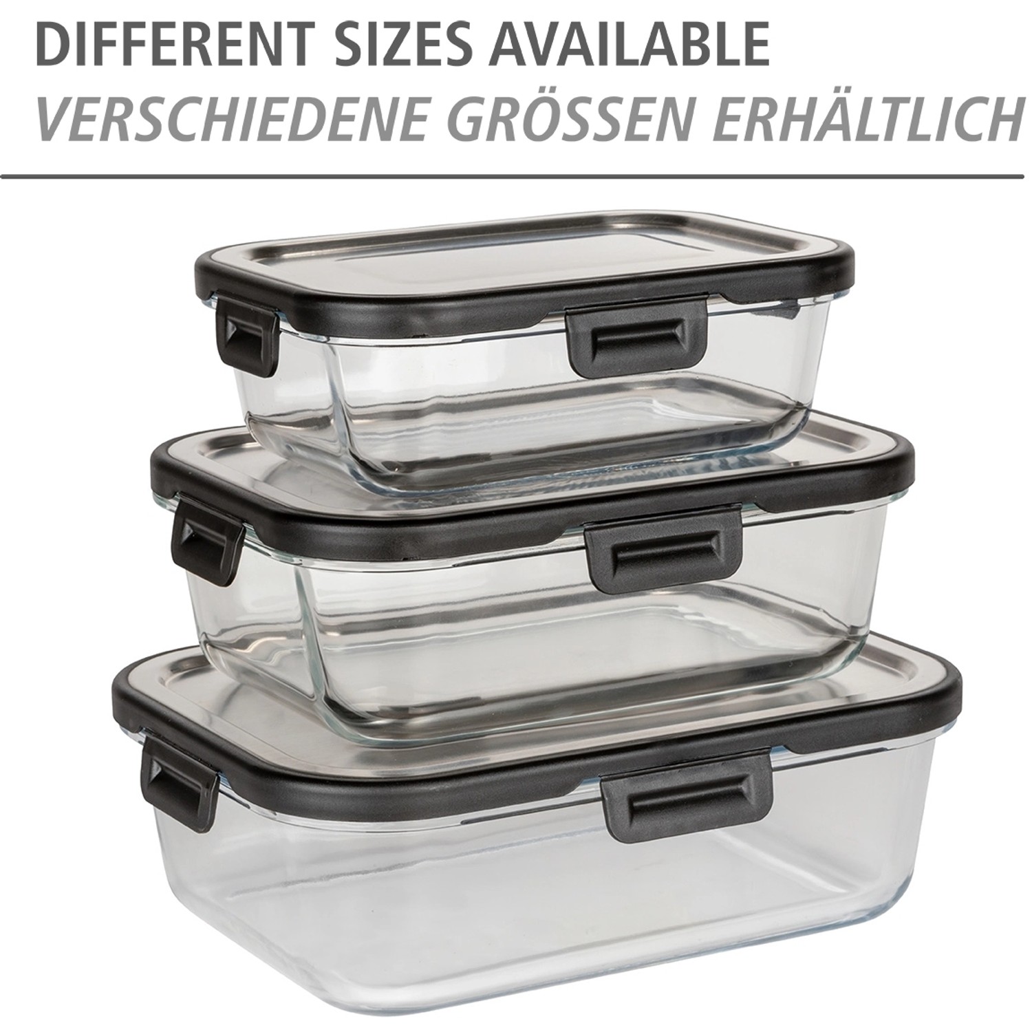 Wenko Glas Frischhaltedosen Steel Black Outdoor Kitchen, 3 Größen gestapelt.